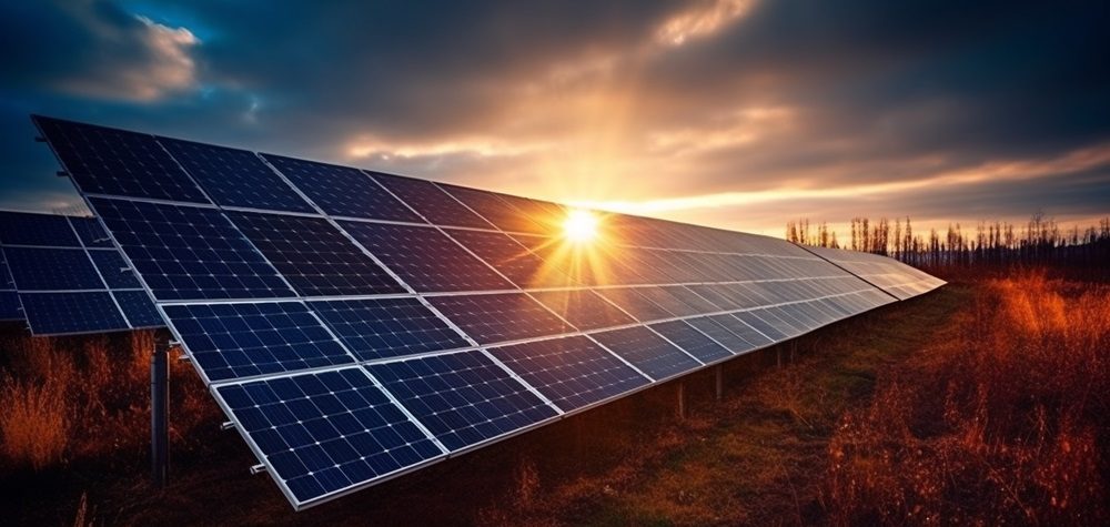 Sunset sky reflects solar panel sustainable power generation generated by artificial intelligence